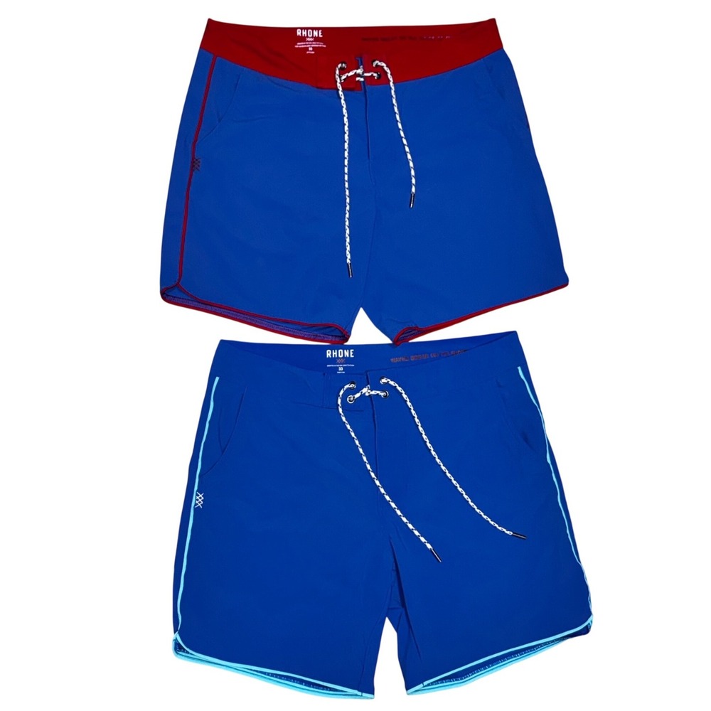 Rhone Point Break Board Shorts Mens 33 Blue Red 2 COUNT EUC 4-Way Stretch $176